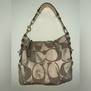 COACH Signature Carly Shoulder Hobo Bag Tan Jacquard